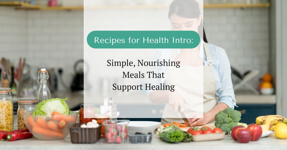 Woman chopping vegetables in a bright kitchen surrounded by colorful fresh produce, representing nourishing, healing meals made with real food.