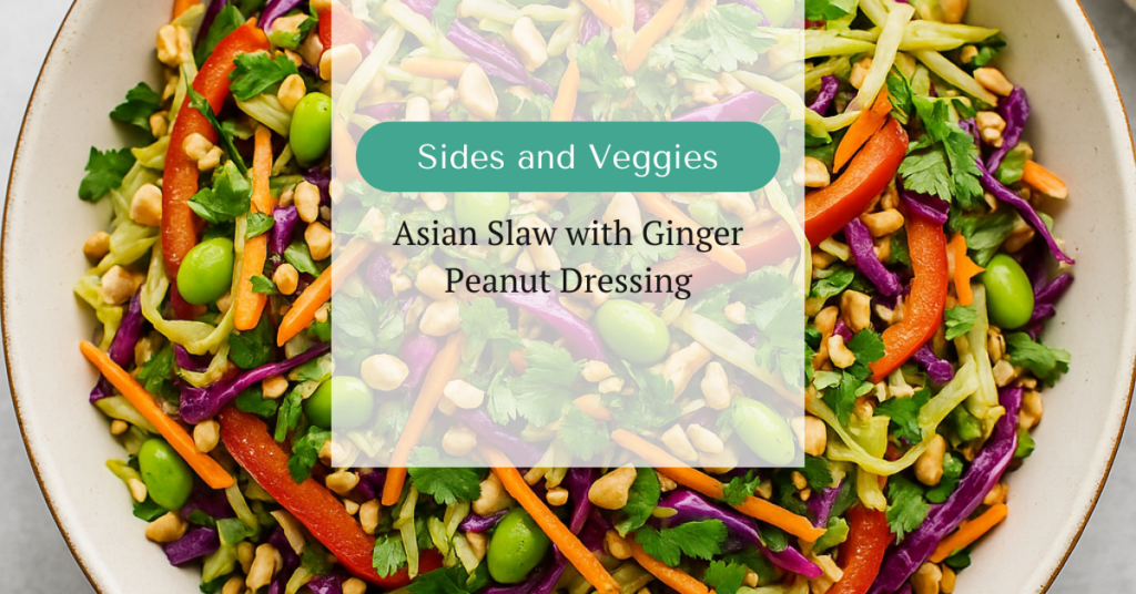 Colorful Asian slaw with red peppers, shredded carrots, cilantro, and peanuts in a light ginger-peanut dressing, served in a white bowl.