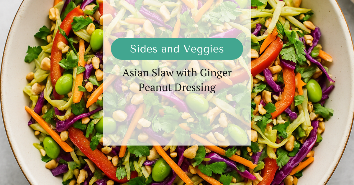 Colorful Asian slaw with red peppers, shredded carrots, cilantro, and peanuts in a light ginger-peanut dressing, served in a white bowl.