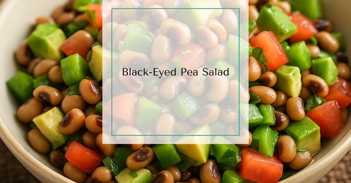 A bowl of black-eyed pea salad with avocado, tomato, and green pepper.