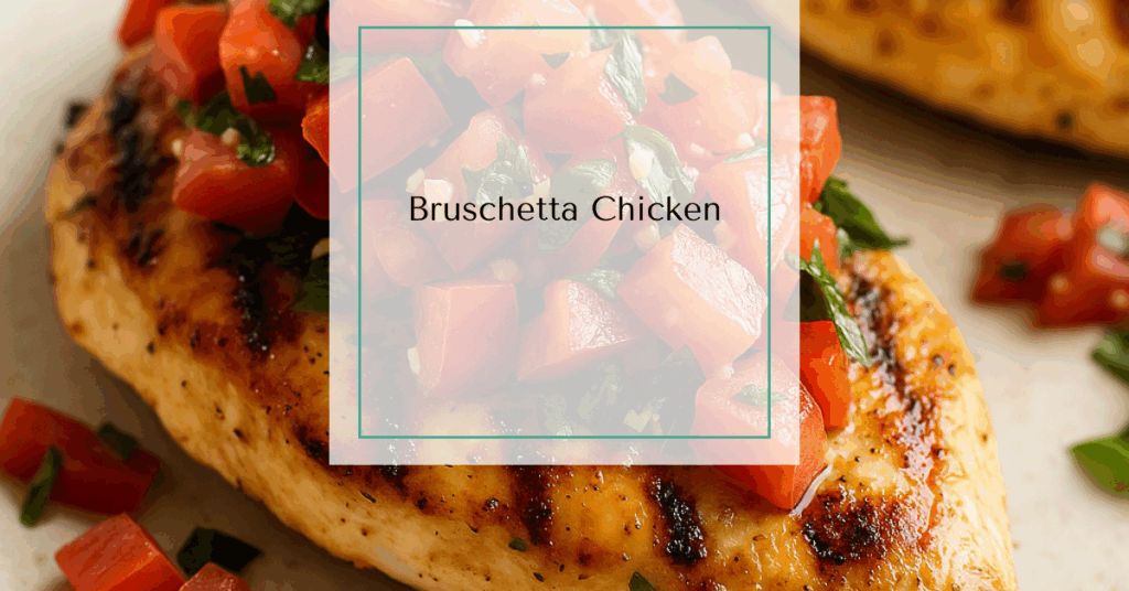 A plate of bruschetta chicken topped with fresh tomato basil salsa.