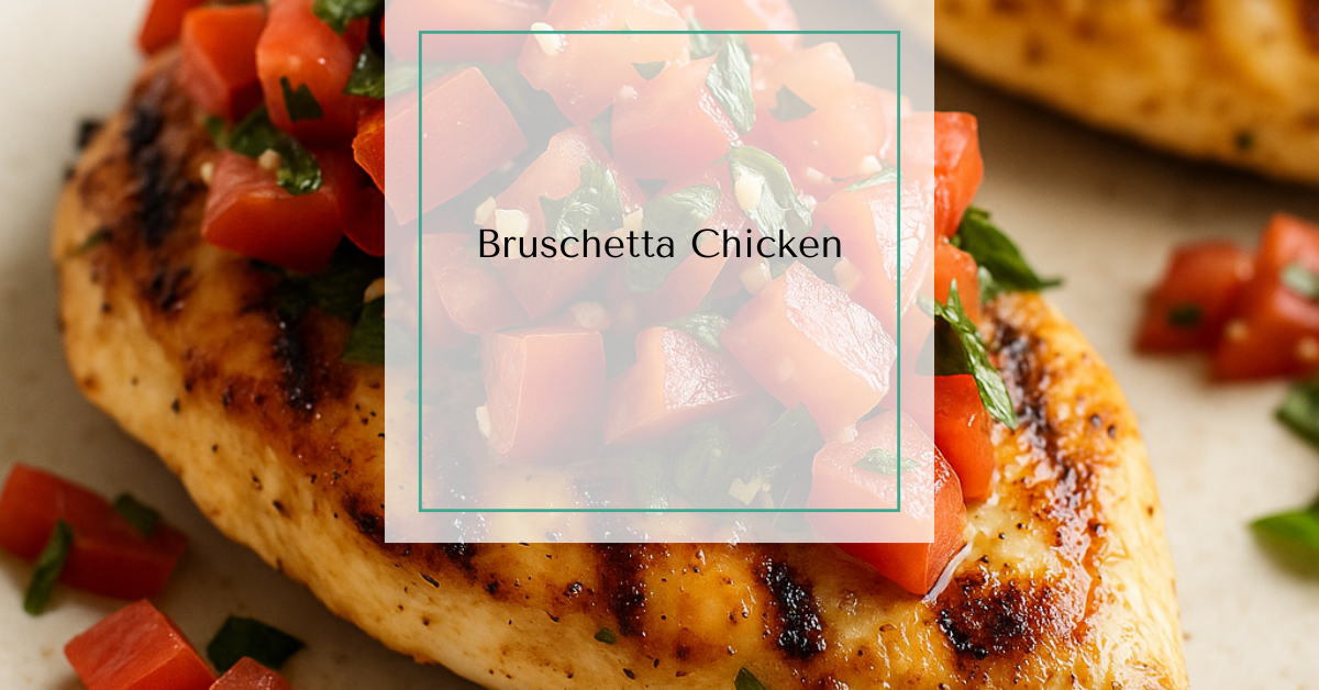 A plate of bruschetta chicken topped with fresh tomato basil salsa.