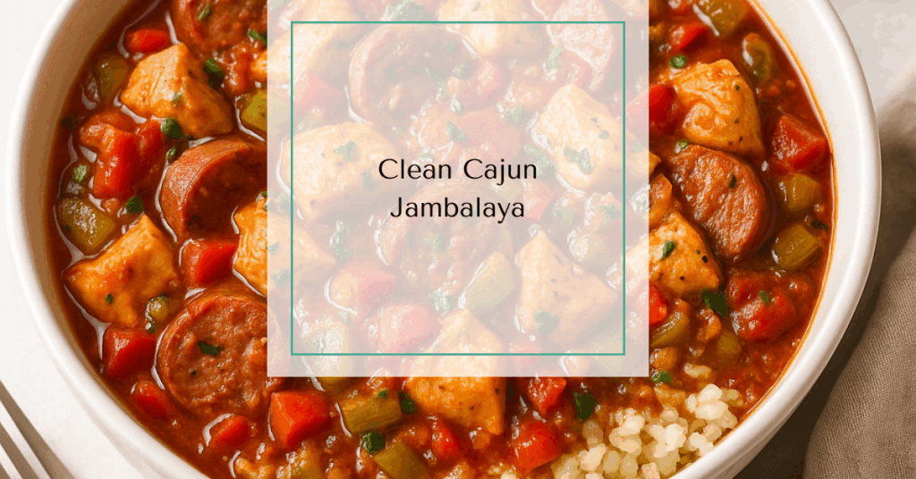 A hearty bowl of jambalaya featuring chicken, sausage, bell peppers, and cauliflower rice in a rich tomato broth
