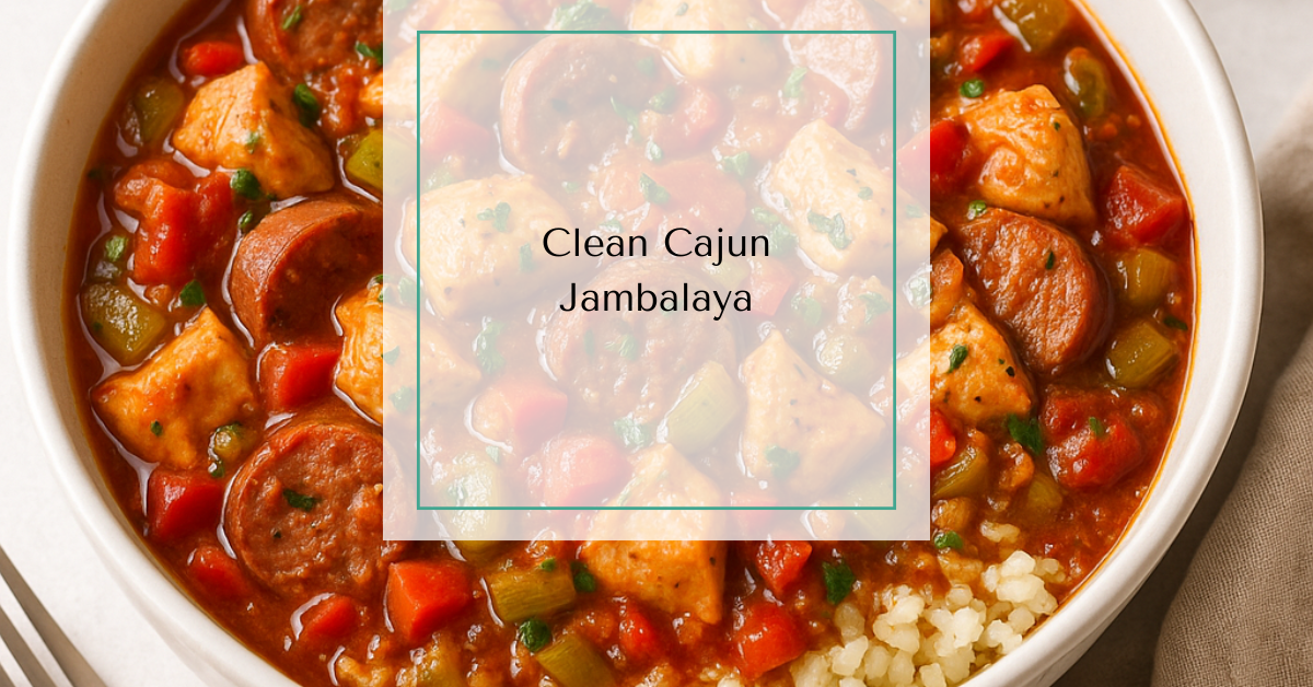 A hearty bowl of jambalaya featuring chicken, sausage, bell peppers, and cauliflower rice in a rich tomato broth