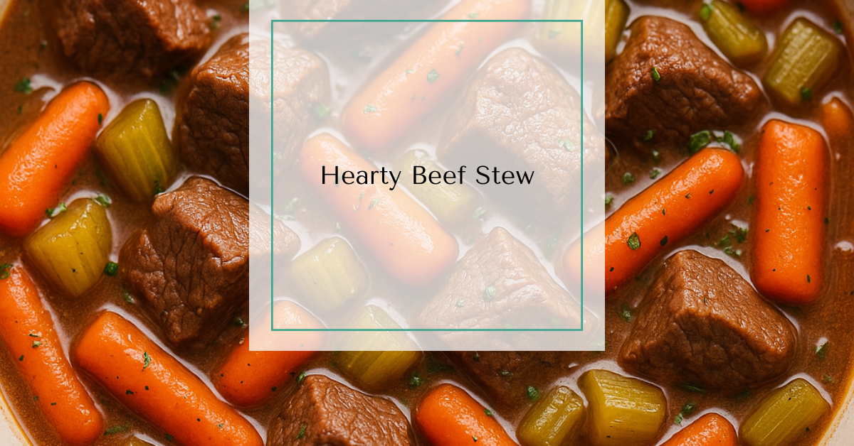 A bowl of hearty beef stew with chunks of beef, carrots, and celery in a rich broth.
