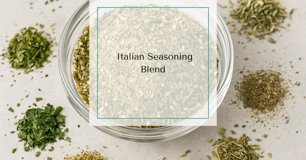 A small glass bowl of Italian seasoning surrounded by dried herbs and garlic powder.