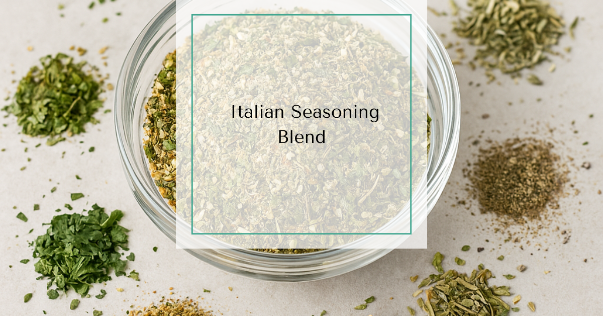 A small glass bowl of Italian seasoning surrounded by dried herbs and garlic powder.