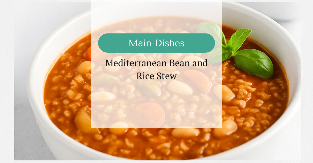 Bowl of hearty Mediterranean bean and rice stew with carrots, great northern beans, and fresh basil in a tomato-based broth.
