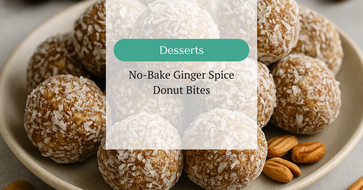 A plate of no-bake donut bites rolled in coconut flakes, surrounded by whole dates, cinnamon sticks, and nuts.