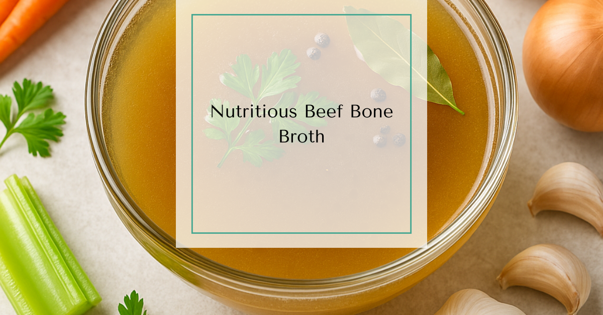 A clear bowl of rich, golden beef bone broth with herbs, surrounded by fresh ingredients like carrots, celery, and garlic.
