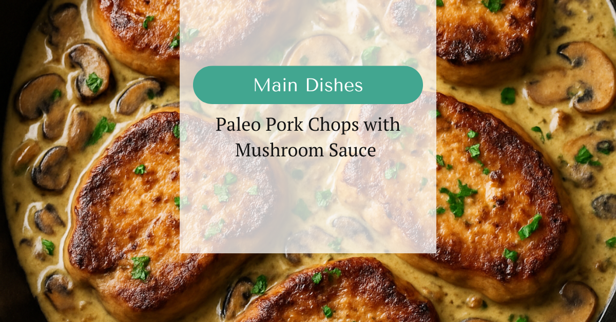 Seared boneless pork chops smothered in a creamy mushroom sauce, garnished with herbs, in a cast iron skillet.