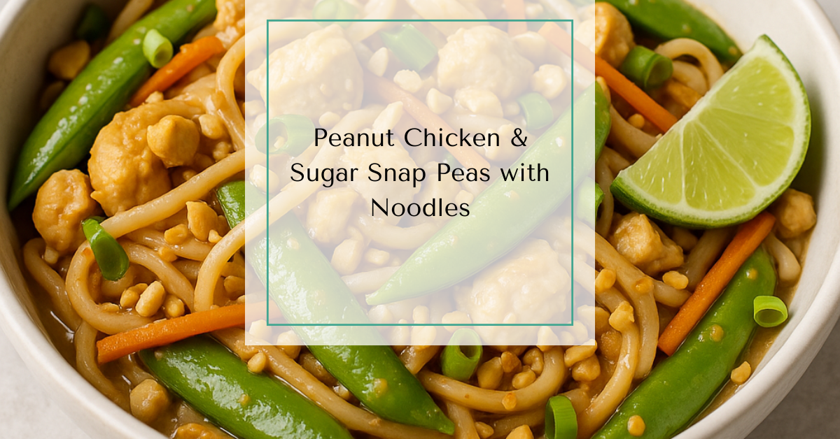 A bowl of rice noodles mixed with chicken, sugar snap peas, carrots, scallions, and chopped peanuts, garnished with lime wedges.