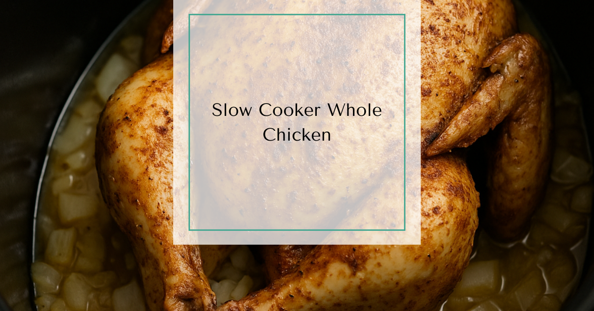 A golden-brown whole chicken in a slow cooker, surrounded by softened chopped onions.