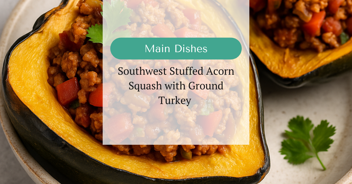 A halved acorn squash filled with seasoned ground turkey, peppers, and tomatoes, served in a rustic dish with cilantro garnish.