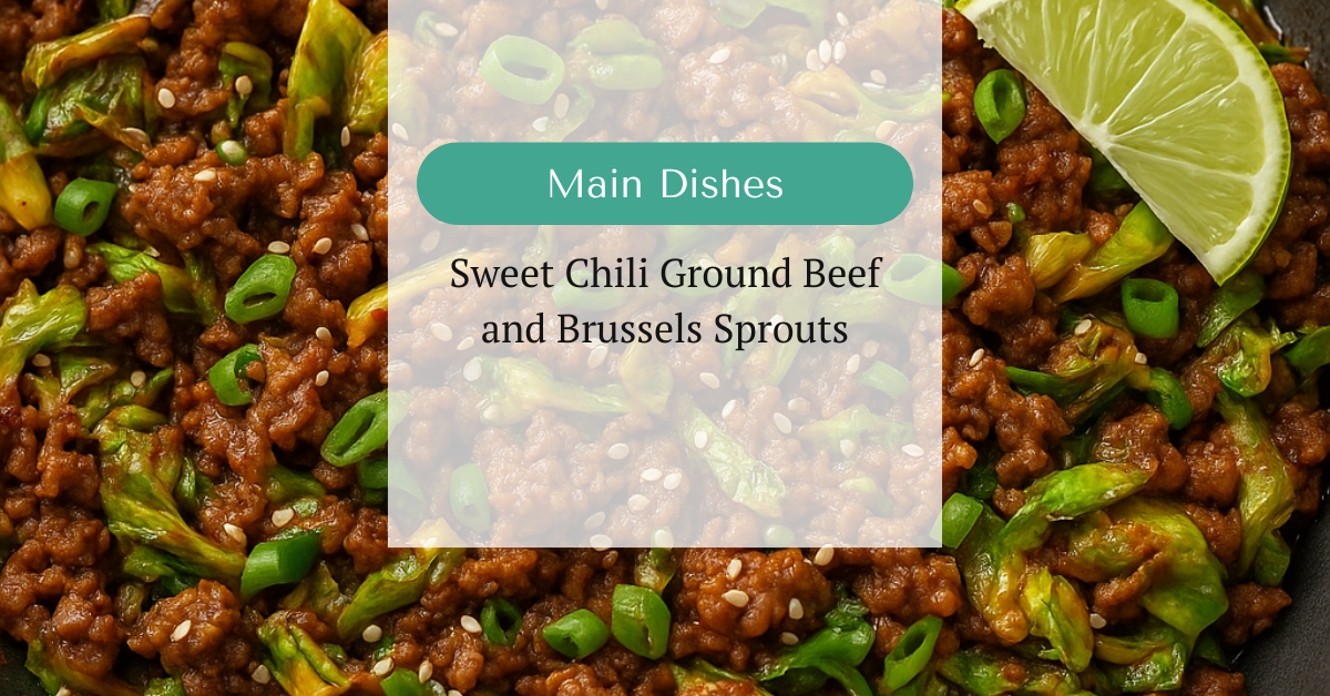 Sweet chili ground beef and caramelized Brussels sprouts in a skillet, garnished with sesame seeds and green onions.