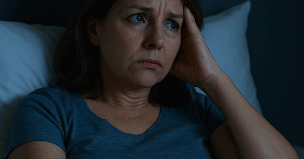 Woman lying awake in bed at night, looking frustrated, symbolizing nighttime wake-ups caused by blood sugar and cortisol, not just the bladder.