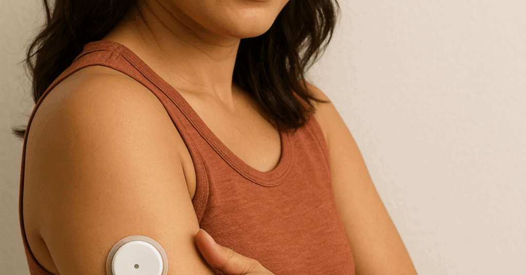 Woman wearing a continuous glucose monitor on her arm, symbolizing tracking blood sugar trends