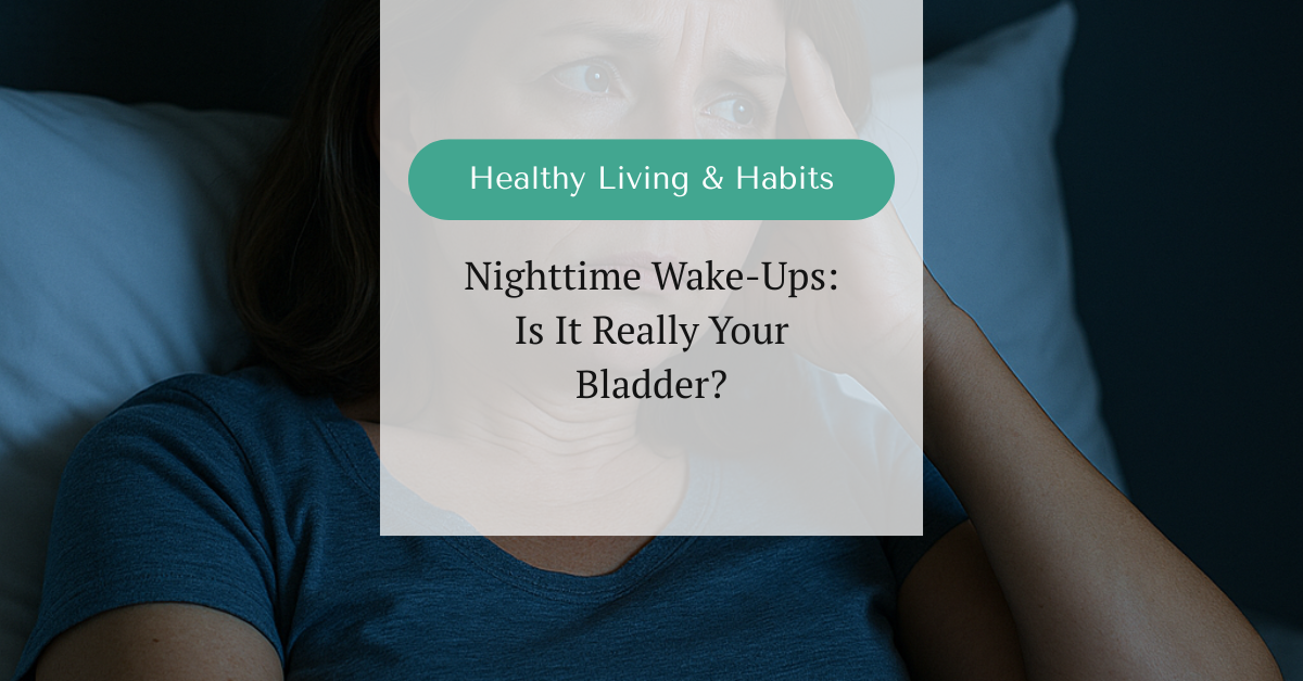 Woman lying awake in bed at night, looking frustrated, symbolizing nighttime wake-ups caused by blood sugar and cortisol, not just the bladder.