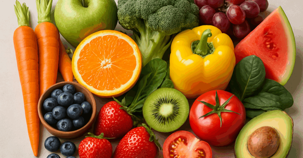 Fresh, whole foods like fruits, vegetables, and clean proteins symbolizing the importance of food quality for health and healing.