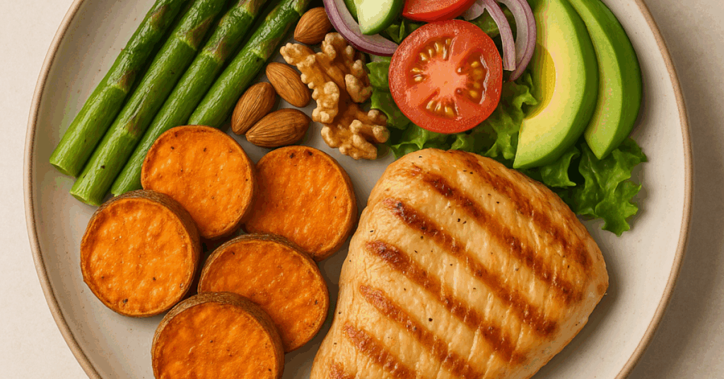 A balanced meal plate with colorful vegetables, protein, and healthy fats, symbolizing mindful eating without counting calories or macros.