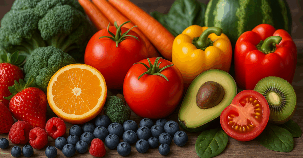 Colorful assortment of antioxidant-rich fruits and vegetables symbolizing the role of antioxidants in calming oxidative stress.