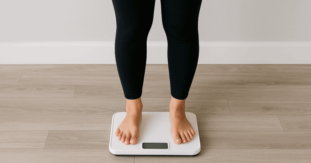 A woman standing barefoot next to a bathroom scale, looking away thoughtfully, symbolizing the shift from focusing on weight to tuning into body signals and overall health.