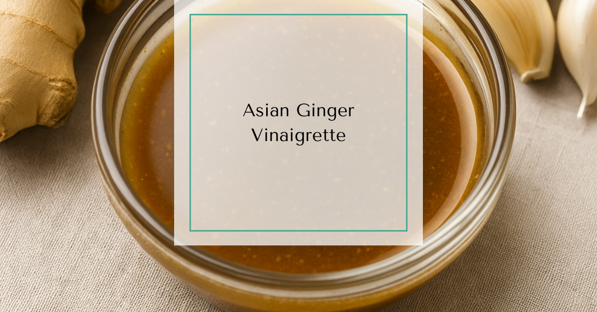 A bowl of Asian vinaigrette surrounded by fresh ginger and garlic cloves.