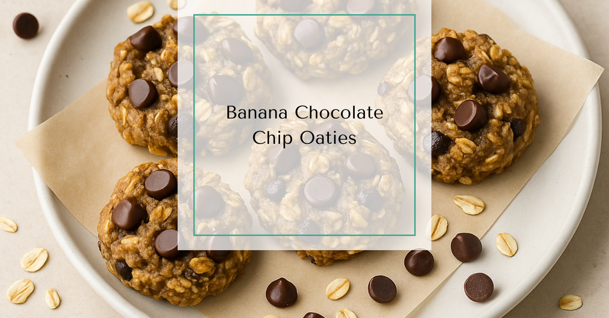 A plate of banana chocolate chip oat cookies on parchment paper with scattered oats and chocolate chips.