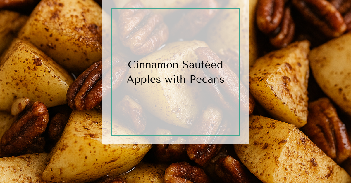 A warm bowl of sautéed apples with chopped pecans, lightly coated in cinnamon.