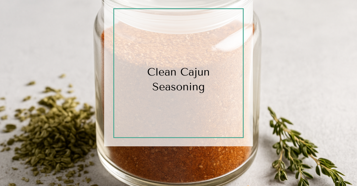 A glass spice jar of Cajun seasoning surrounded by dried herbs and red pepper flakes.