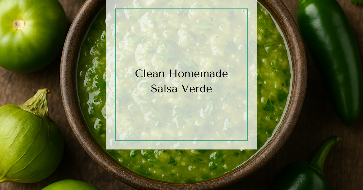 A rustic bowl of homemade salsa verde surrounded by fresh tomatillos, jalapeños, and cilantro on a wooden surface.