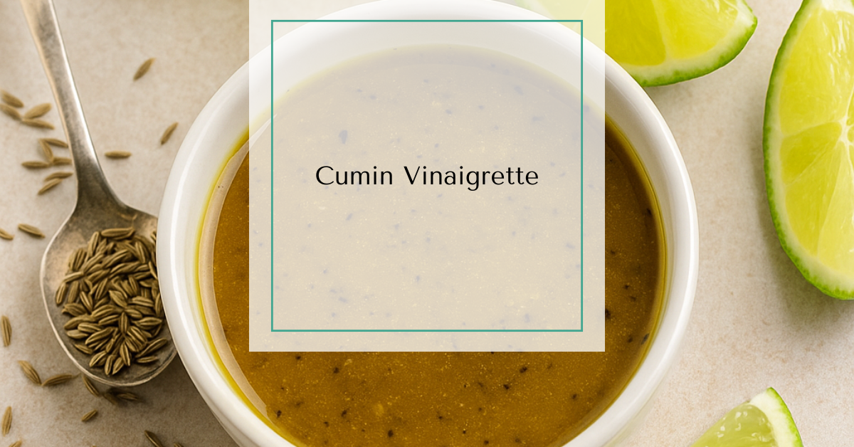 A small bowl of cumin vinaigrette surrounded by lime wedges, cumin seeds, and a bottle of olive oil.