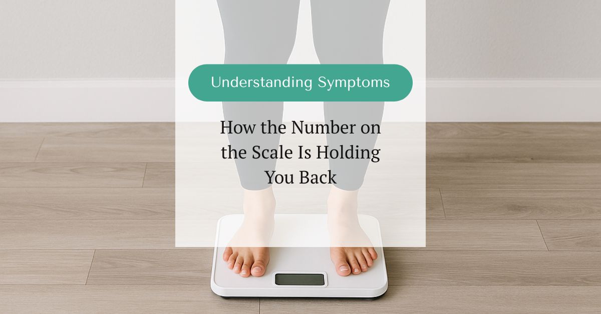 A woman standing barefoot next to a bathroom scale, looking away thoughtfully, symbolizing the shift from focusing on weight to tuning into body signals and overall health.