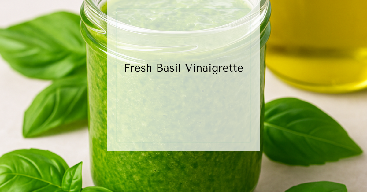 A glass jar filled with fresh basil vinaigrette surrounded by basil leaves and a bottle of olive oil.