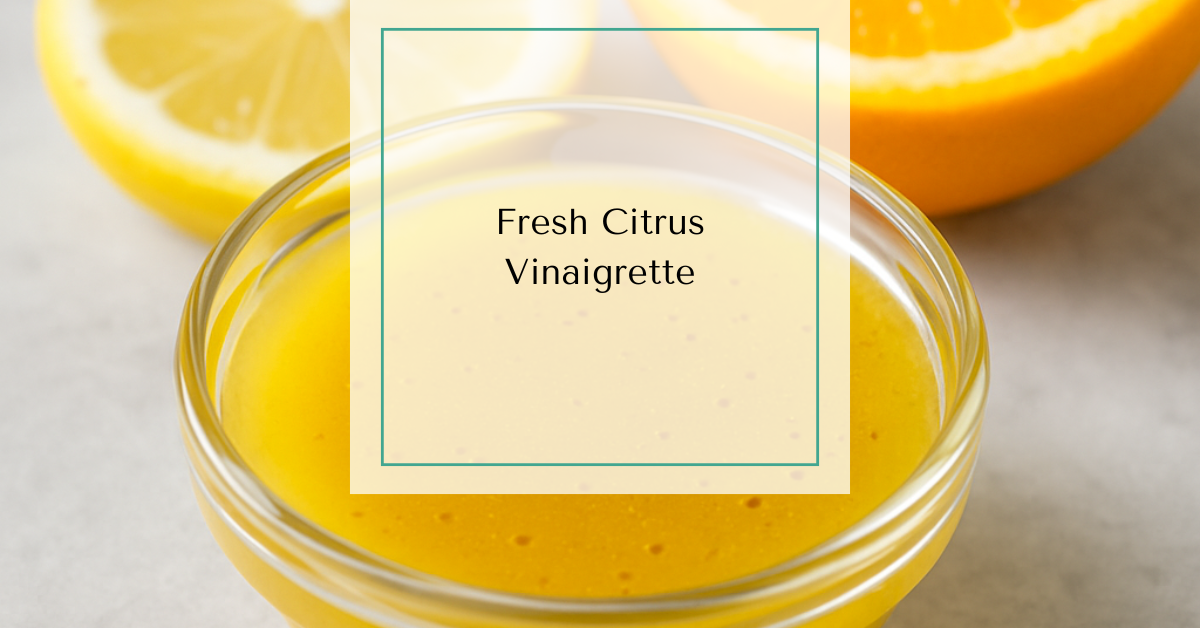 A small glass bowl of citrus vinaigrette with sliced lemon and orange in the background.
