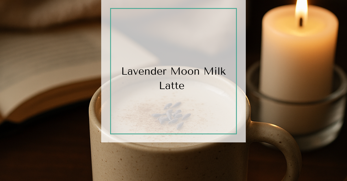 A warm lavender moon milk latte in a ceramic mug, topped with a sprinkle of cinnamon and dried lavender, set on a cozy evening table with a candle and book.