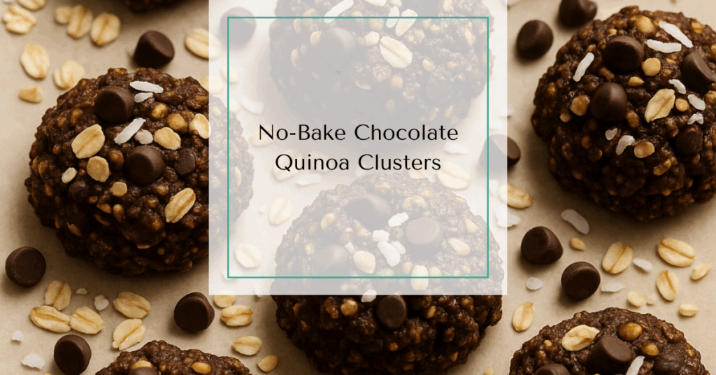Hand-formed no-bake chocolate quinoa crunch clusters on parchment paper, topped with oats, coconut, and dark chocolate chips.
