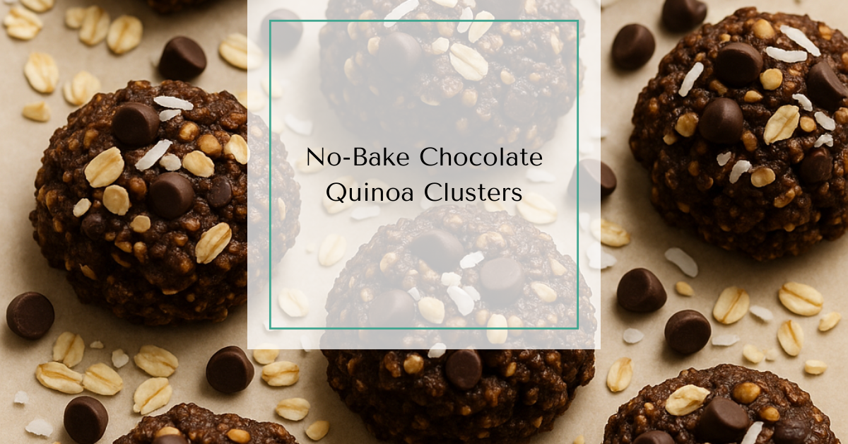 Hand-formed no-bake chocolate quinoa crunch clusters on parchment paper, topped with oats, coconut, and dark chocolate chips.