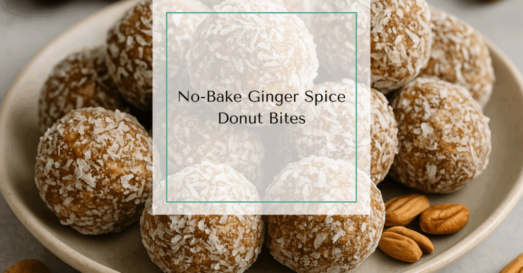 A plate of no-bake donut bites rolled in coconut flakes, surrounded by whole dates, cinnamon sticks, and nuts.