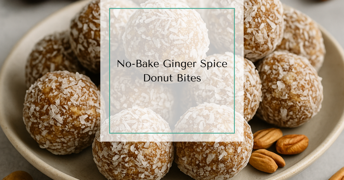 A plate of no-bake donut bites rolled in coconut flakes, surrounded by whole dates, cinnamon sticks, and nuts.