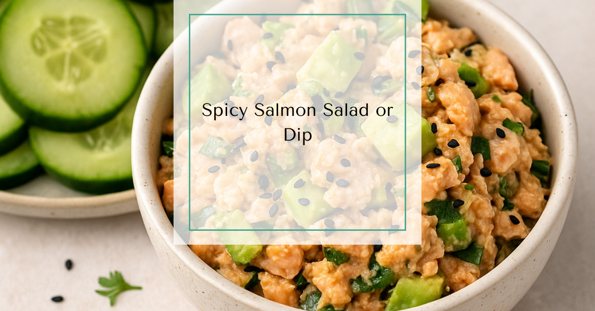A bowl of spicy salmon salad garnished with avocado and herbs, surrounded by sliced cucumbers for dipping.