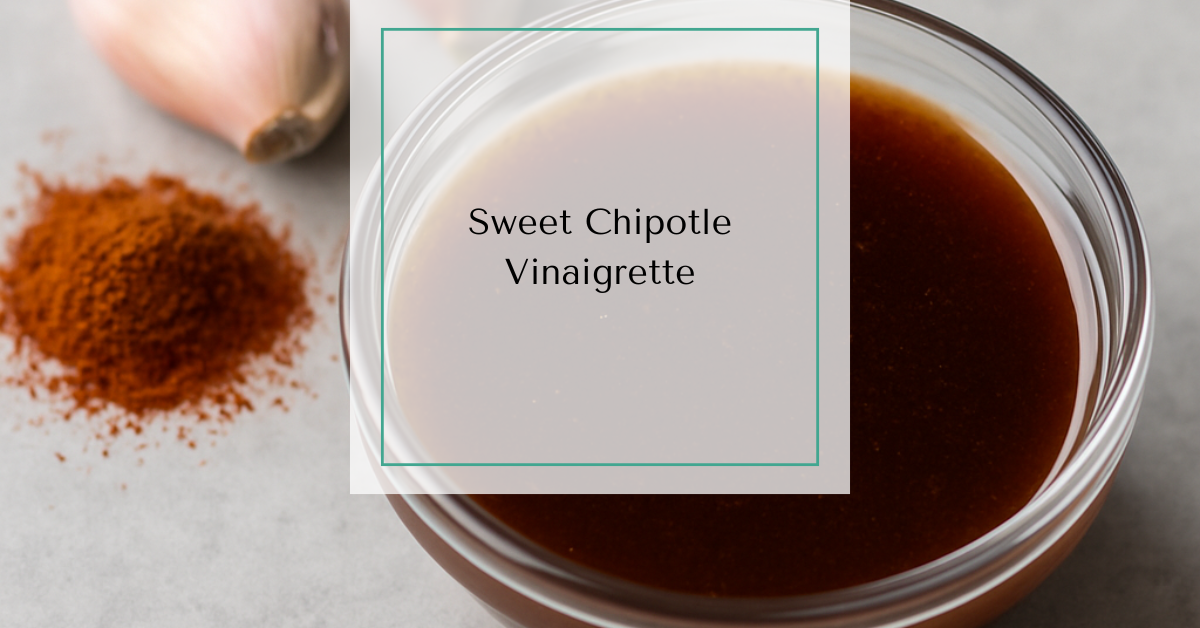 A glass bowl filled with smoky chipotle vinaigrette next to garlic cloves and chili powder.