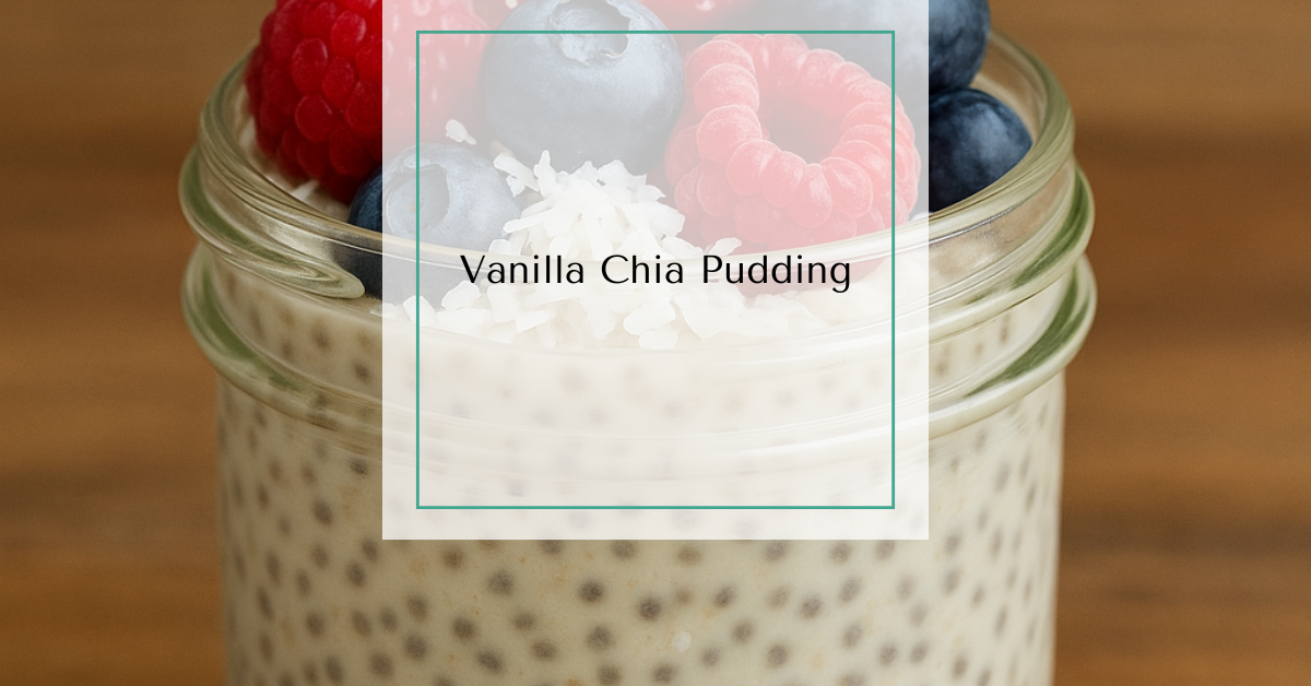 Glass jar of creamy vanilla chia pudding topped with berries and a sprinkle of coconut flakes.
