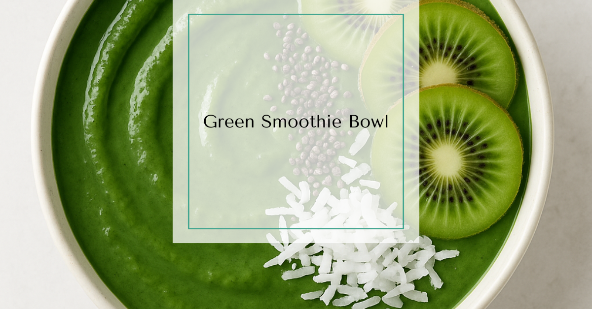 Bowl of thick green smoothie topped with sliced kiwi, chia seeds, and shredded coconut on a light background.