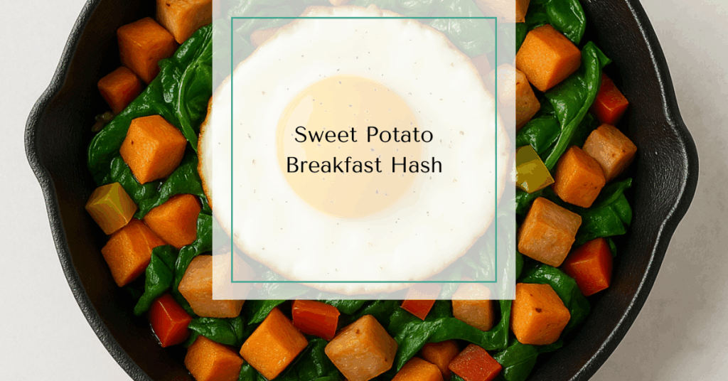 Skillet of roasted sweet potatoes, diced turkey sausage, spinach, and bell peppers topped with a fried egg.