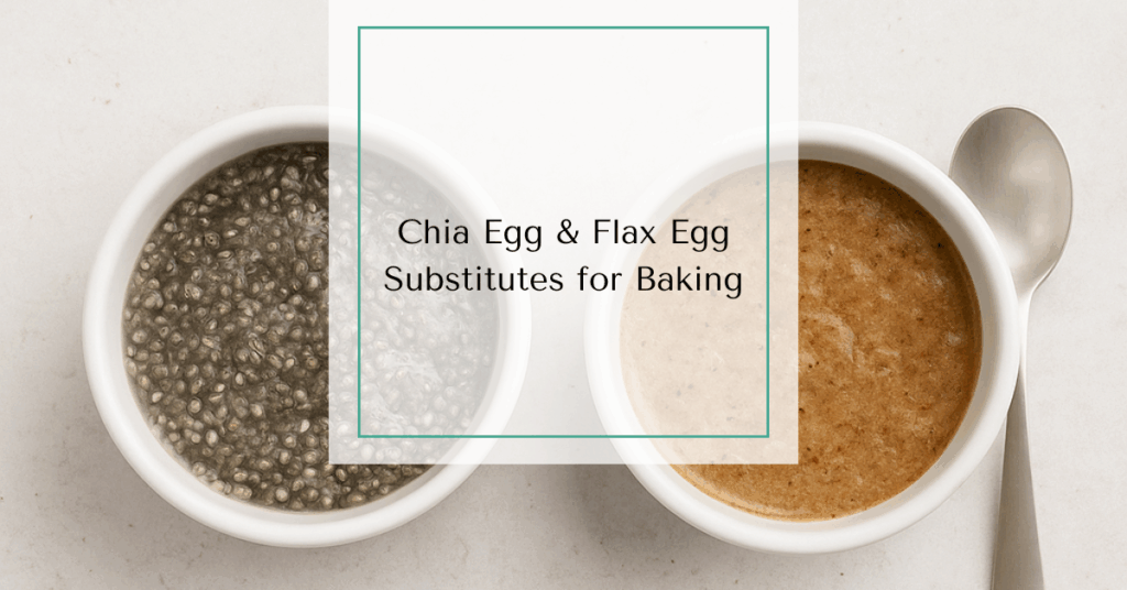 Two small bowls side by side, one filled with gel-like chia egg mixture made from whole chia seeds, and the other with flax egg mixture made from ground flaxseed, each with a spoon resting beside them.