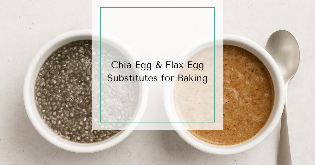 Two small bowls side by side, one filled with gel-like chia egg mixture made from whole chia seeds, and the other with flax egg mixture made from ground flaxseed, each with a spoon resting beside them.