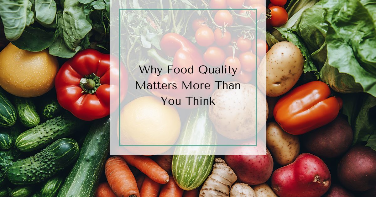 Fresh, whole foods like fruits, vegetables, and clean proteins symbolize the importance of food quality for health and healing.