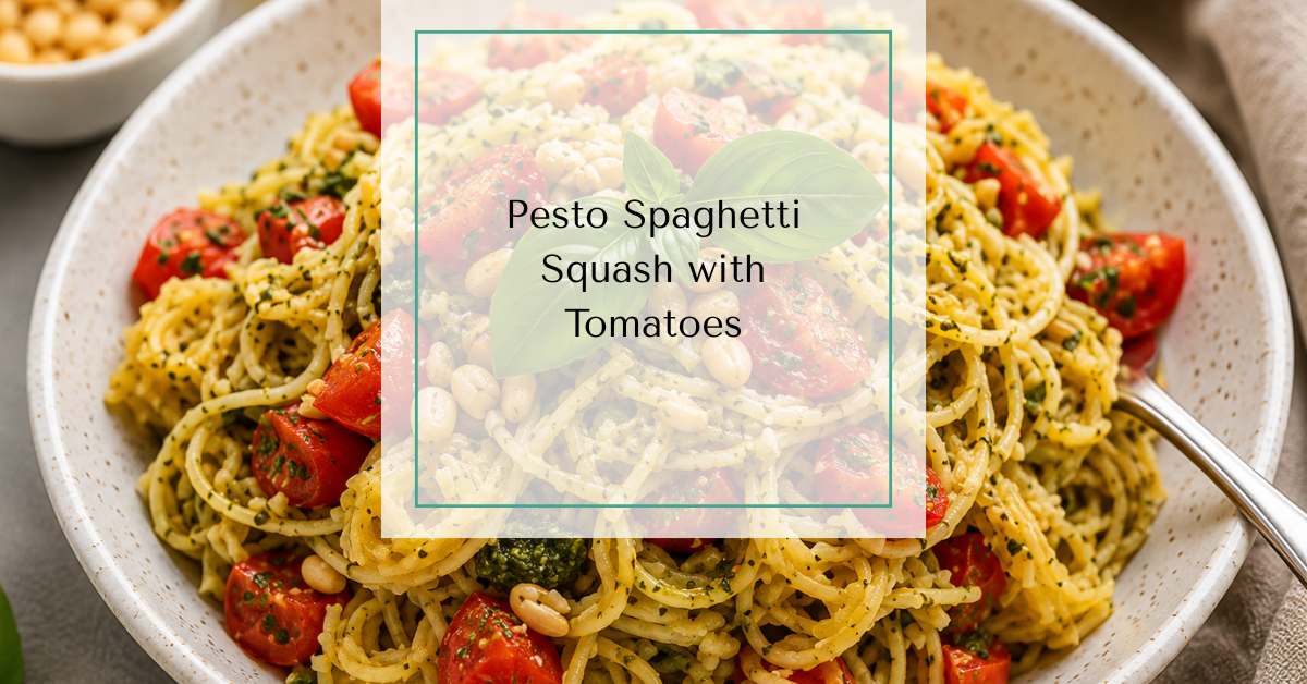 A bowl of pesto spaghetti squash tossed with fresh basil pesto, juicy cherry tomatoes, toasted pine nuts, and fresh basil leaves with text overlay reading "Pesto Spaghetti Squash with tomatoes”