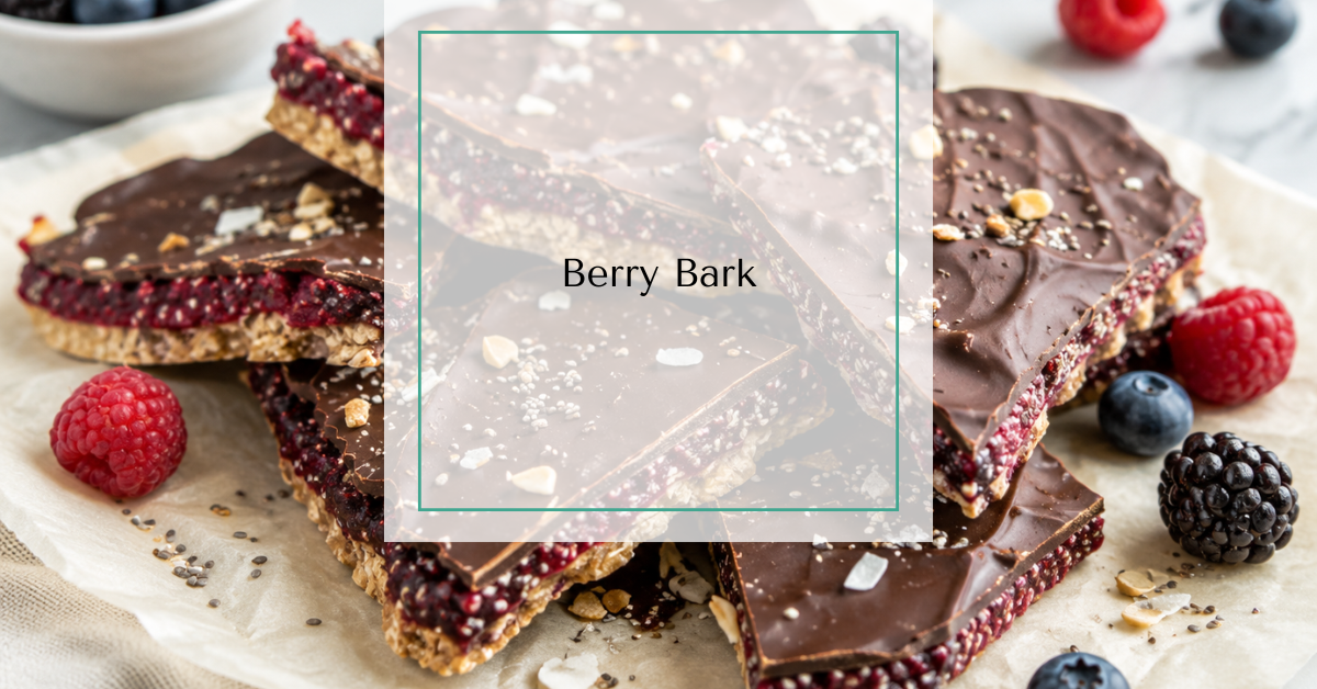 Chocolate berry bark made with a crunchy rice cake and peanut butter base, homemade mixed berry chia jam, and a dark chocolate topping, cut into rustic bark pieces with text overlay reading "Berry Bark".